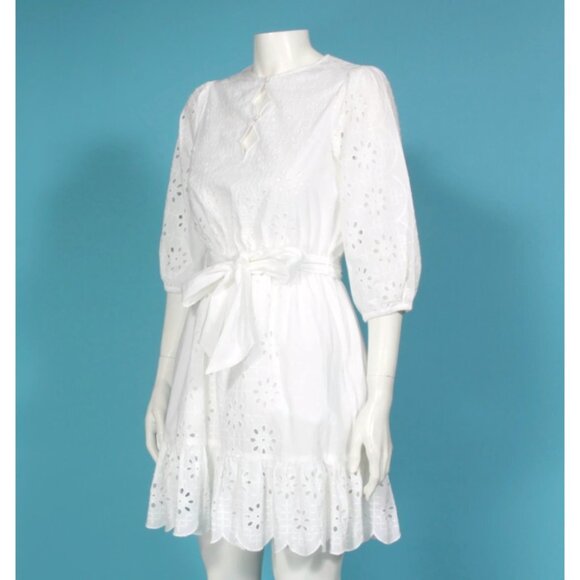 New J. CREW White Scalloped Ruffle Trim Tie Waist Eyelet Dress size XS NWT /926 - Picture 3 of 8